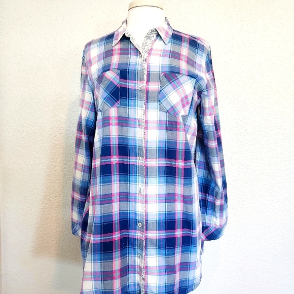 Jane & Bleecker Blue Plaid Button Down Size Large - Picture 1 of 14